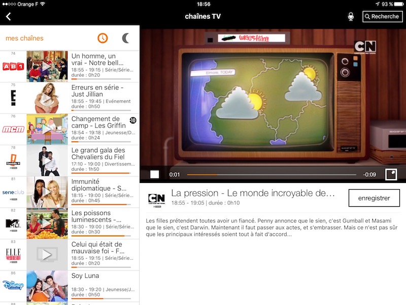 Les chaînes TV by Canal (Cartoon Network en live, Comedie+, SerieClub, MTV dans la liste) dans l'application TV d'Orange