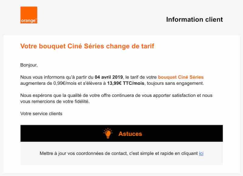 Mail de l'augmentation de l'option Ciné Séries à 13,99€/mois