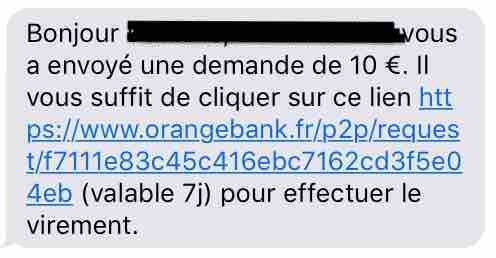 SMS demandant un virement de 10€ (pour le test) avec le lien vers le site d'Orange