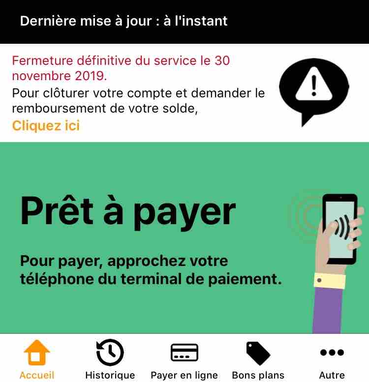 écran d'Orange Cash avec le message de fin du service