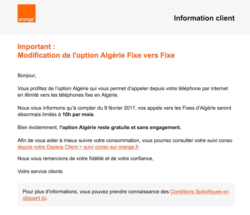 Mail d'Orange sur les modifications des appels vers les fixes d'Algérie pour 10h/mois