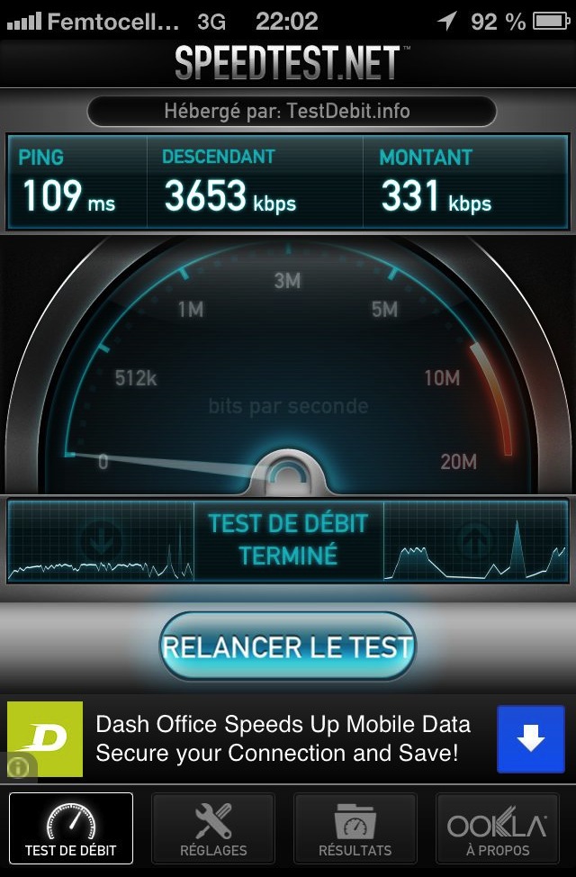 Speedtest sur le réseau 3G femtocell